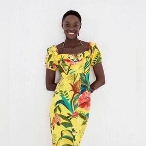 FARM Rio Vibrant Yellow Tropical Floral Midi Dress Size S